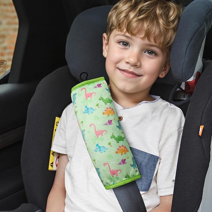 COOLBEBE Seat Belt Pillow for Kids, Extra Soft Toddler Travel Pillow for Car Seat, Universal Carseat Strap Cushion Pads for Childs Baby People Adults, Green Dinosaurs