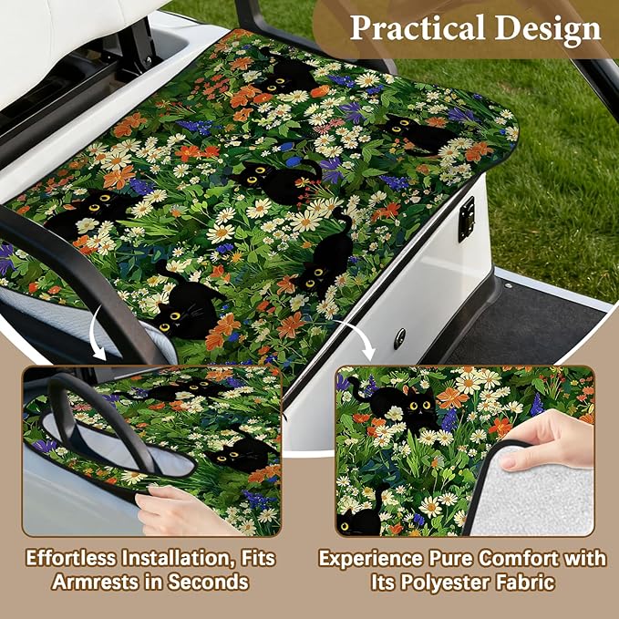 Green Golf Cart Seat Covers, Black Cat Flower Golf Cart Seat Towel Blanket for Club Car, Golf Cart Accessories, Keep Seat Comfortable and Cool for 2-Seat Golfs Carts, Gifts for Christmas Thanksgiving