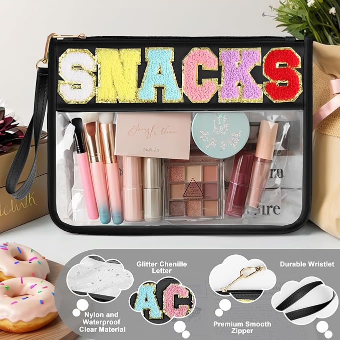 Snack Bag for Travel - Clear Chenille Varsity Letter Flat Pouch with Zipper, 12.2×8.46 inch Waterproof Clear Nylon Preppy Patch Makeup Cosmetic tote Bags for Women Girls