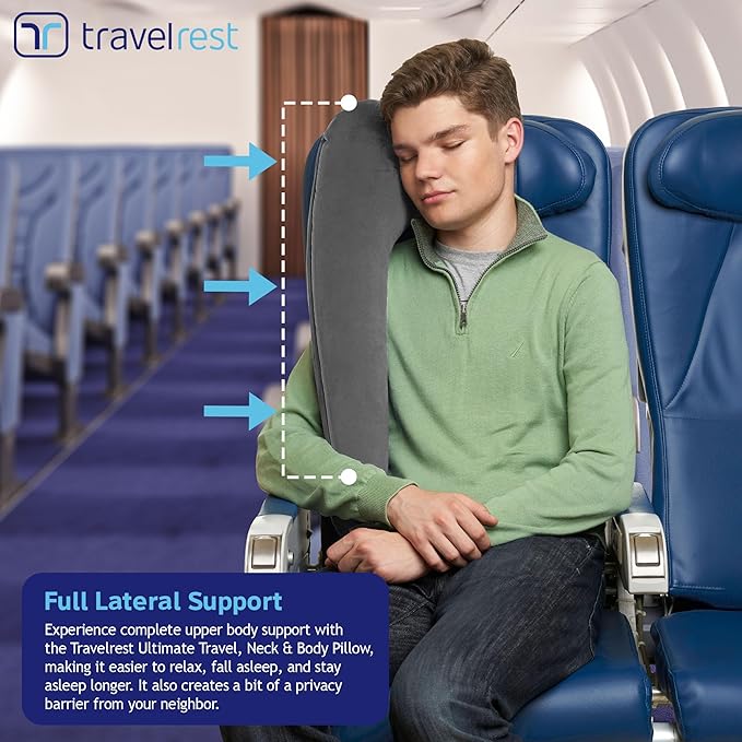 TRAVELREST Ultimate Inflatable Neck Support & Body Pillow - Airplane Pillow for Long Flight Comfort, Travel Essentials, Sleeping Accessories, Headrest Support Seat for Car (Grey)