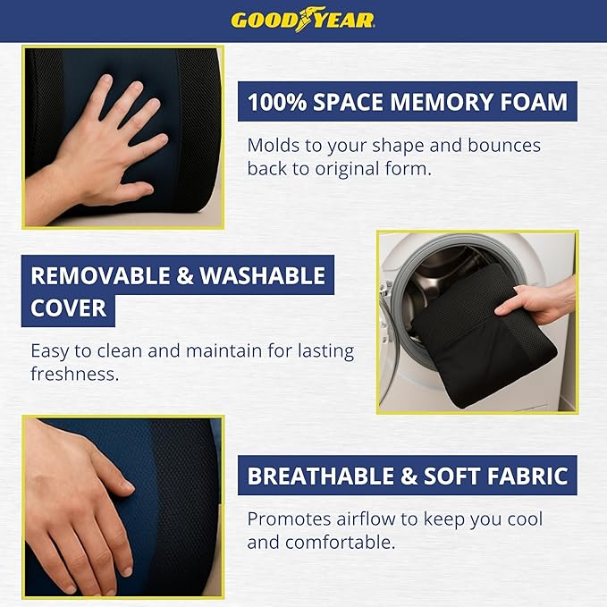 Goodyear Lumbar Support Pillow for Office Chair and Car Seat - Memory Foam Lumbar Pillow & Back Brace Support Posture Corrector, Lower Back Pain Relief