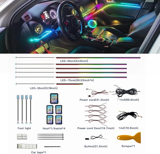 KENANEK Ambient Lighting Car Interior LED Strip Lights 6-in-1, 175” Acrylic Multi-Color Car Ambient Lighting Kit with Music Sync, APP Control, Interior LED Lighting for Cars SUVs Trucks