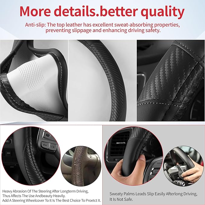 Non-Slip Car Nappa Leather Steering Wheel Cover,Universal Car Accessories Women Men Fit 14" 1/2-15" Suvs/Vans/Sedans/Cars/Trucks,Black