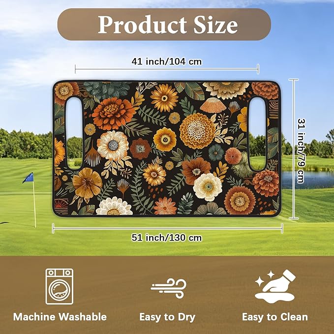 Orange Golf Cart Seat Covers, Flower Golf Cart Seat Towel Blanket Club Car for Golf Lover, Golf Cart Accessories, Keep Seat Comfortable and Cool for 2-Seat Golfs Carts,Gifts for Christmas Thanksgiving