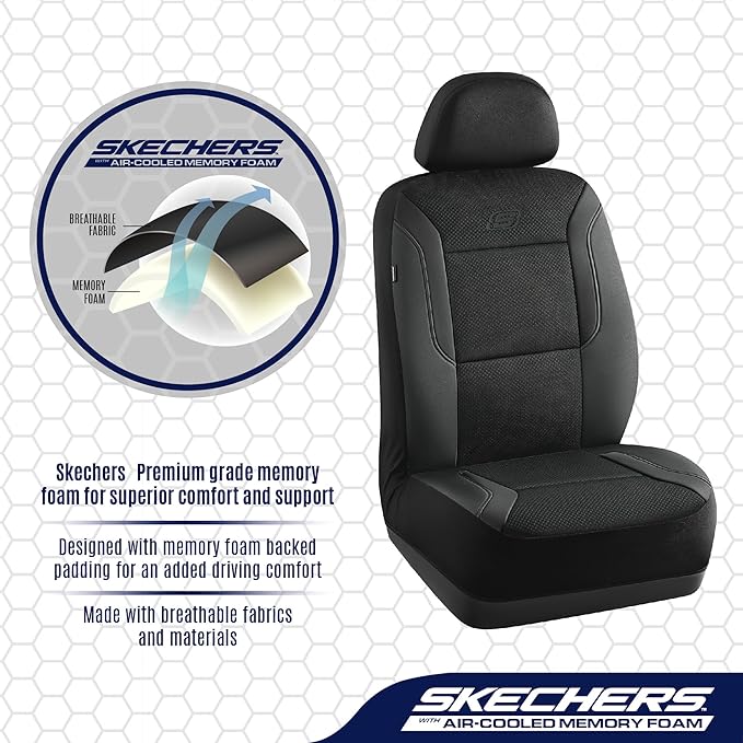 Skechers Memory Foam Car Seat Covers, Air Cool Mesh Thick Seat Covers, Airbag Compatible Car Seat Cover, Automotive Comfort Protection for Most Cars,Vans,Trucks, SUVs,Black