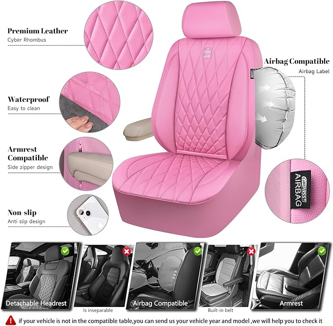 CAR PASS Piping Luxury Leather Two Front Car Seat Covers, Cute Girly Waterproof Anti Slip Seat Covers Compatible with Front Seat Armrests,Universal Fit for Suvs,Vans,Trucks,Airbag Compatible(All Pink)