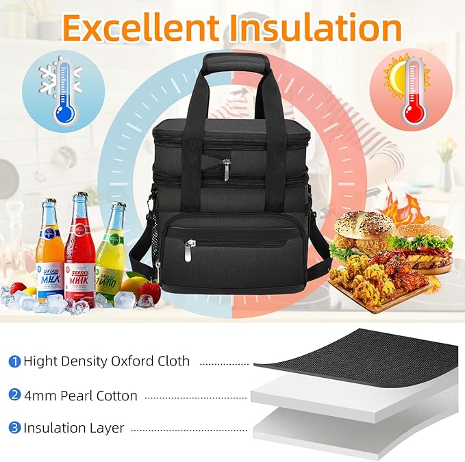 Insulated Lunch Box for Men & Women - Double Layer Leakproof Lunch Bag with Adjustable Shoulder Strap, Expandable Food Cooler for Work, Office, Travel, Camping (Black)