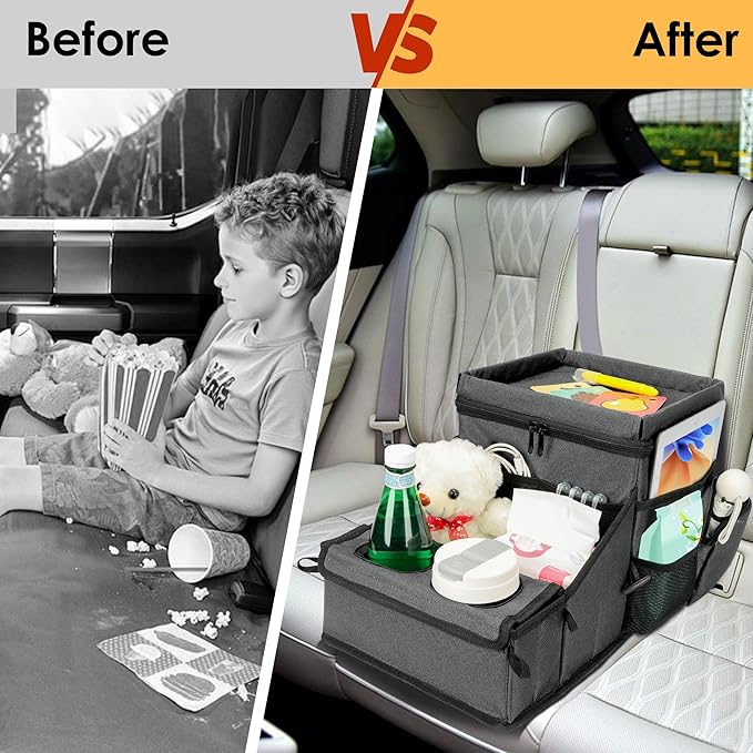 Car Seat Organizer, Backseat Car Organizer with Cup Holder Tray and Storages for Kids and Adults, Portable Travel Cooler for Car for Front or Back Seat Passenger Organizer Ccompartment (Grey)