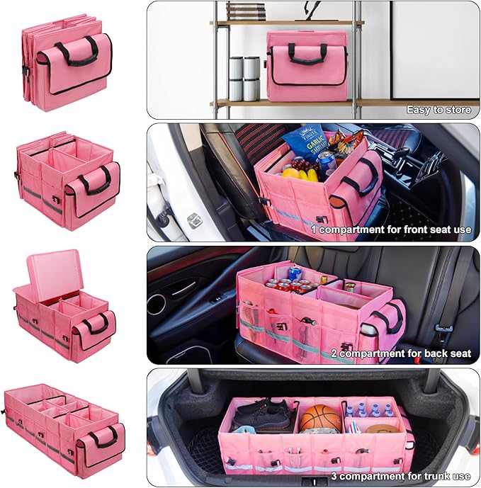 Car Trunk Organizer and Storage with Lid & Removable Leakproof Cooler Bag, Car Accessories 6 Removable Dividers for Custom Space, Collapsible Large Trunk Organizers Interior for SUV & Sendan, Black