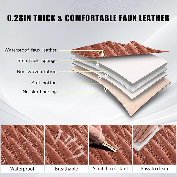 WELLDO Car Seat Covers Full Set, Leather Seat Covers for Car, Waterproof Car Seat Protector with Lumbar Support, Automotive Seat Covers Universal Fit for Most Cars SUV Truck, Brown
