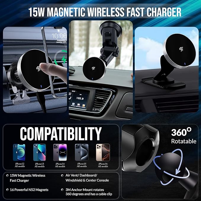 Magsafe Car Mount Charger | Magnetic Phone Charger for Car | 3 Mounts | Max Stability | 360° Rotation | Compatible with Magsafe Phone Case | Fits iPhone 16/15/14/13/12