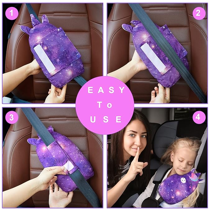 FIODAY Car Seat Belt Covers for Kids Unicorn Seat Belt Pillow Soft Seat Belt Cushion Adjust Seat Strap Pillow Head Neck Support for Children Boys Girls Travel, Deep Purple