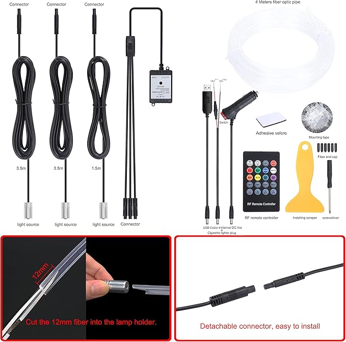4 Meters Optic Fiber Car Ambient Lighting with RF Remote Control 8 Colors Multicoloured Music Interior Lighting Kit DC 12V 1W