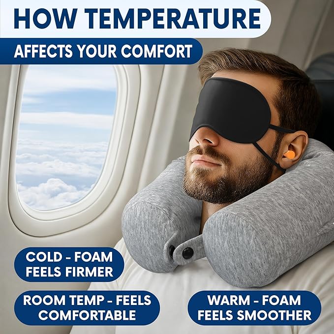 Memory Foam Neck Pillow Travel Airplane - Comfortable & Adjustable Twist Airplane Pillow for Long Flight with Soft Washable Velvet Cover, Eye Mask & Earplugs | 360° Neck Support, Chin, Lumbar