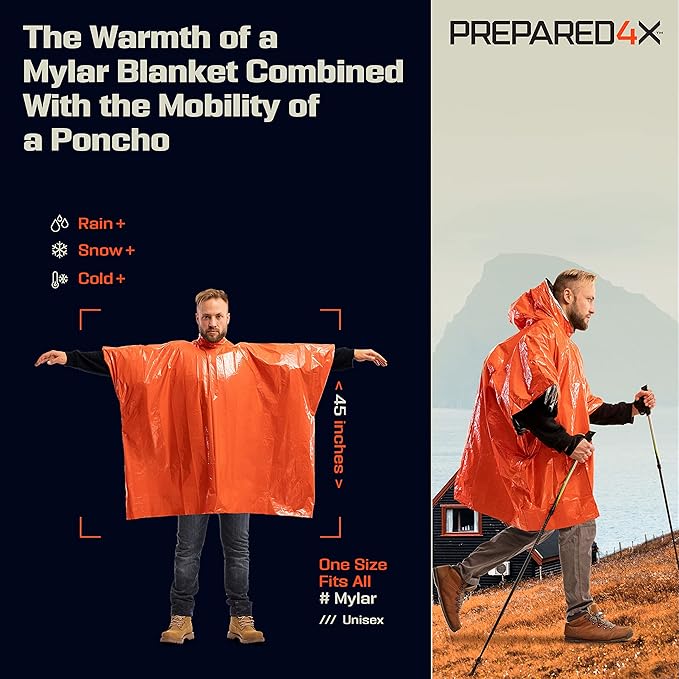 PREPARED4X Emergency Mylar Poncho – Survival Rain Poncho with Hood – Lightweight, Compact, Reusable Emergency Blanket Poncho for Hiking, Camping, Thermal Gear, Car Kit, Outdoors