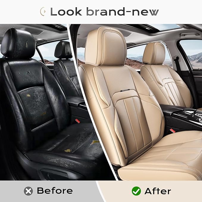 Coverado Car Seat Cover, Cover for Cars Front Seat, Premium Leather, Universal Fit Waterproof Seat Protectors, Car Seat Cushion Non-Slip for Most Cars-Beige