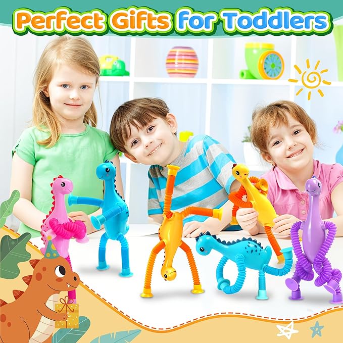 4Pcs Dinosaur Airplane Travel Car Ride Toys for Toddlers Kids Boys Girls Sensory Suction Cup Tube ADHD Autism Road Trip Car Activities Essential Stocking Easter Basket Stuffer Valentines Gift
