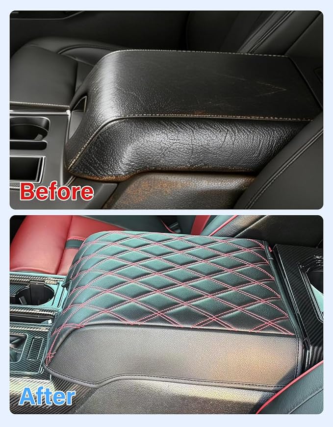 Center Console Armrest Cover Compatible with 2015-2020 Ford F150 Accessories, 2017-2022 F250 F350 F450 F550, 2018-2024 Expedition, Anti-Scratch, Black-Red Stitch(Fits Bucket Seat Only)