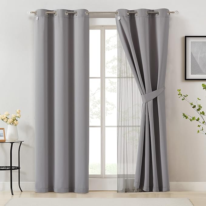 Bujasso Grey 90% Blackout Curtains with Sheer Overlay Mix and Match Double Layer Window Curtains Thermal Insulated 90 inch for Living Room Bedroom Gray Drapes with Tiebacks Grommet Top 54" Wx90 Lx2