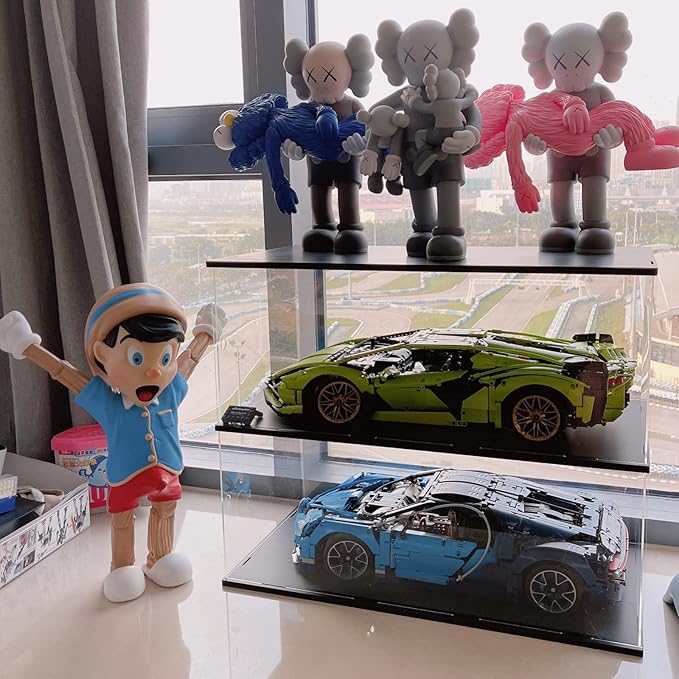 Choowin 2 Layer Acrylic Display Case for Lego Cars (McLaren P1, Ferrari SP3, Bugatti Chiron, Porsche 911, Lamborghini) & 1/8 Diecast Cars - Dustproof Assemble Display Case with Door (Black)