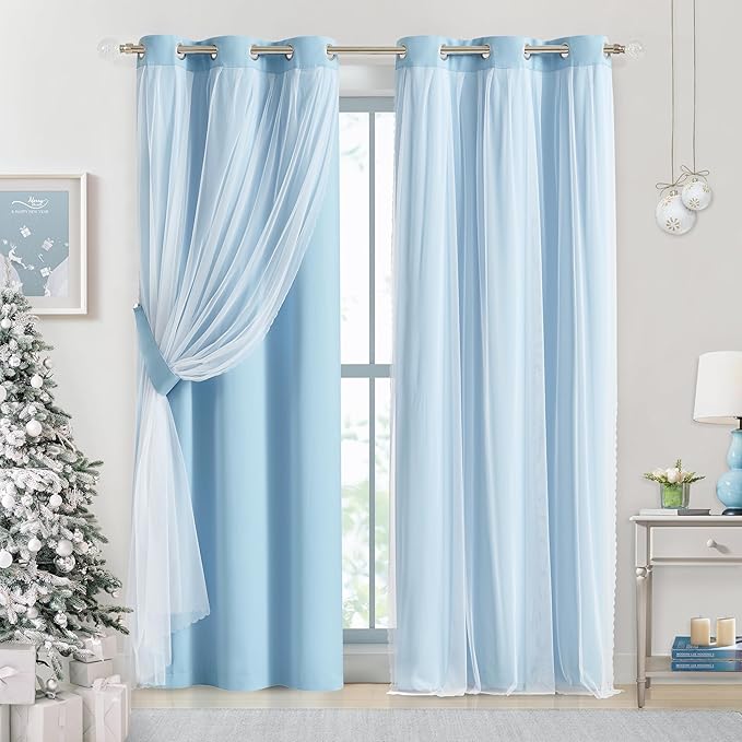 Bujasso Sky Blue 80% Blackout Curtains with Sheer Overlay Mix and Match Double Layer Thermal Insulated Window Panels 95 inch for Living Room Bedroom Blue Drapes with Tiebacks Grommet Top 37" Wx95 Lx2