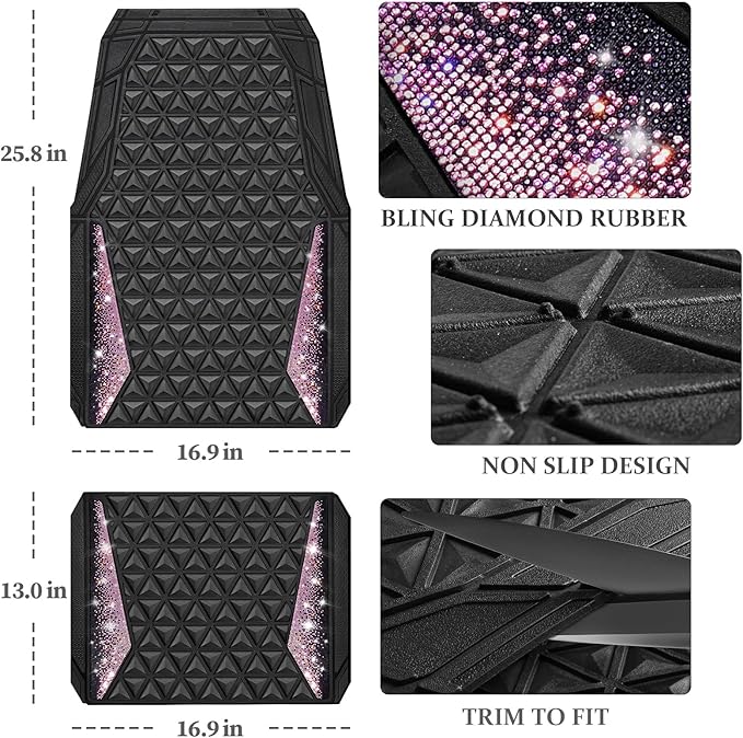CAR PASS Bling Rubber Car Mats Diamond Floor Mats Full Set Anti-Slip 3D Rhombus Waterproof Universal Trim to Fit Liner Glitter Crystal Sparkly Shining Rhinestone Girl Women SUV Sedan Van, Black Pink