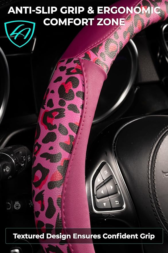 Lord Autofashion Steering Wheel Cover – PU Leather, Non-Slip Rubber Inner, All-Season Comfort – 14.5–15 Inch (Black/Pink Tiger 8684)