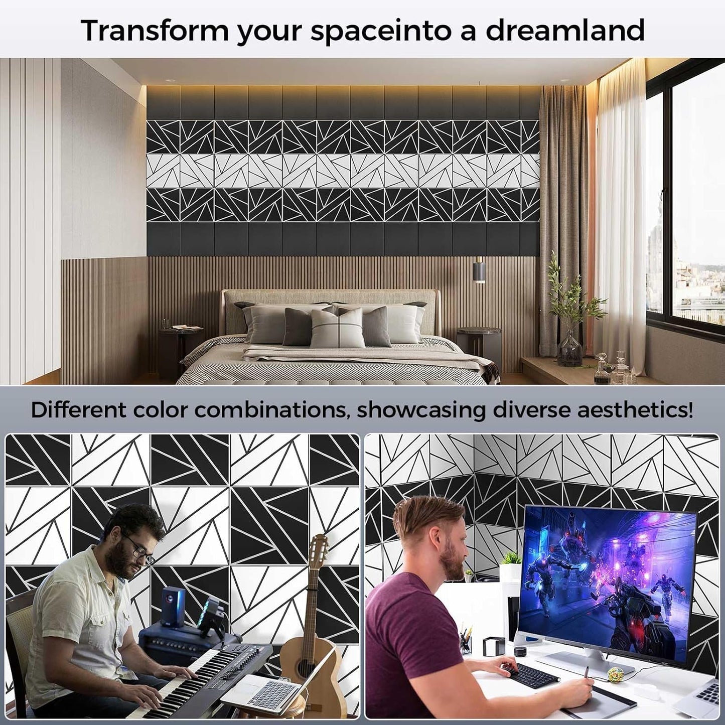 8 Pack 2-Layer Large Soundproof Wall Panels, 15.7 x 15.7 x 0.43 in Sound Proof Foam Panels for Walls, 1.2lb/ft* High Density,3D Acoustic Panels,Artistic Noise Dampening Panels White&Black