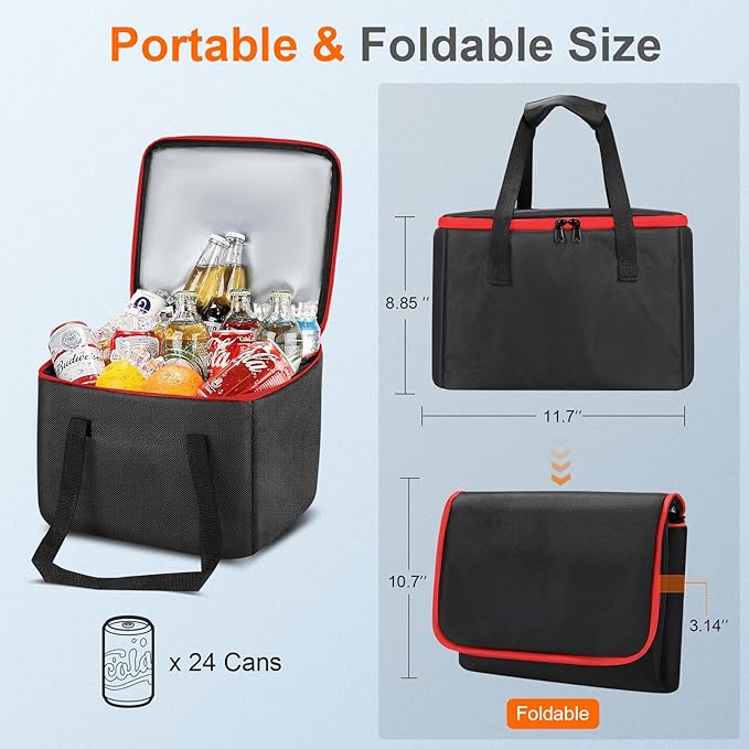 Portable Soft Cooler Bag, Collapsible Insulated Leak-Proof Car Cooler Bag, Insulated Ice Chest with Waterproof Zipper, Leak-Proof Organizer for Cars, Fits Most Vehicles, Red