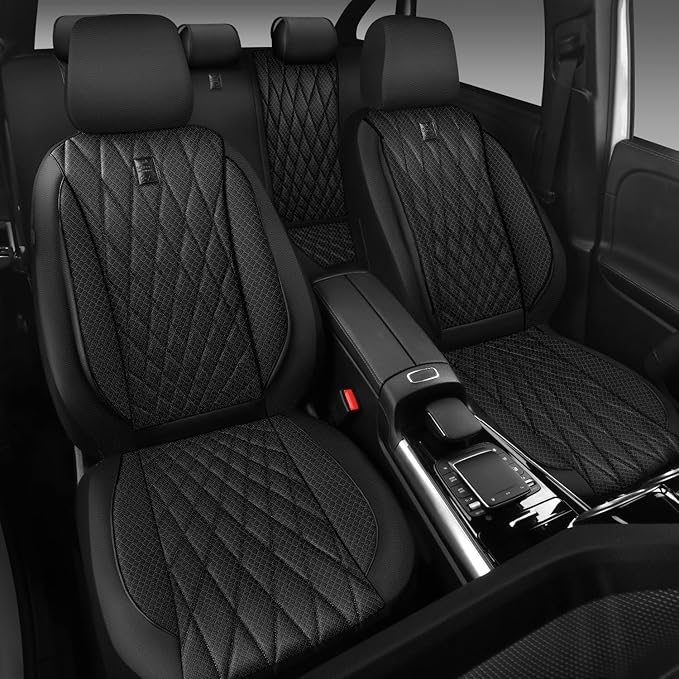 CAR PASS Thick Foam 3D Mesh Leather Car Seat Covers Full Set, Luxury Breathable Premuim Faux Leather Automotive Seat Covers, Airbag Compatible Universal Fit for Most Sedan Van Truck SUV, Pure Black