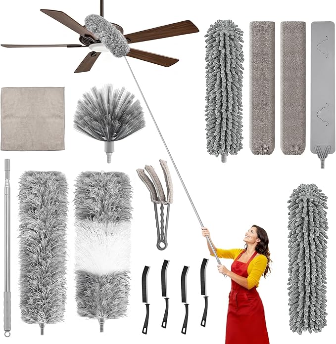 15-Piece Microfiber Feather Duster Set with Extension Pole (16.1" to 100"), Bendable Flat Duster for Under Appliances, Cobweb & Ceiling Fan Duster for Cobweb, Ceiling Fan, Blind, Furniture