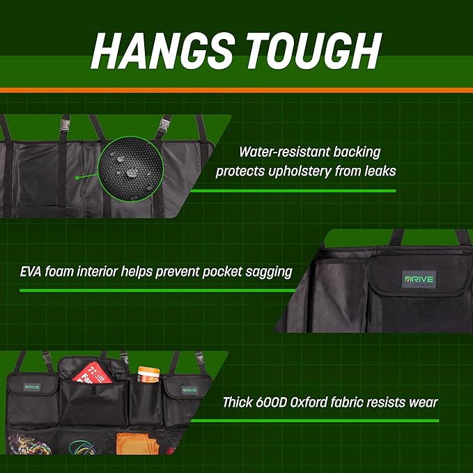 DRIVE - Back Seat Trunk Organizer, Space Saving Hanging Car Organizer, Collapsible Car Storage Bag with 8 Large Pockets for SUV, Black