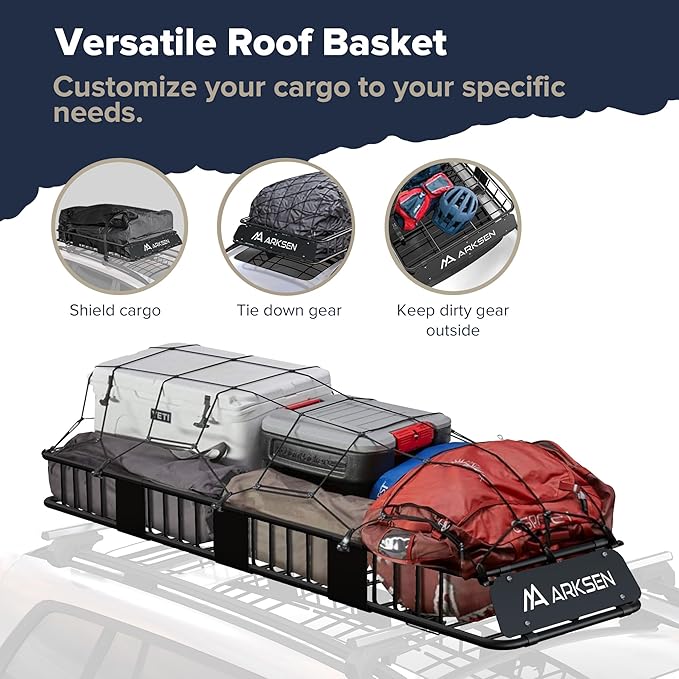 ARKSEN Skinny Roof Rack 84"x23"x6" Cargo Carrier with Waterproof Bag & Anti-Slip Mat, Heavy Duty Weather Resistant Top Mount Cargo Basket, Luggage Camping Gear Storage for Car, Truck or SUV Transport