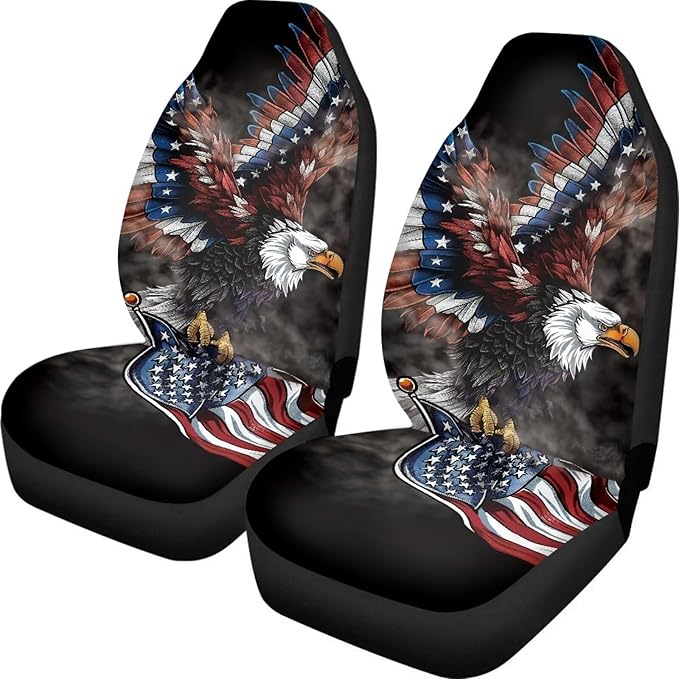 ELEQIN Car Front Seat Covers, Eagle America Flag Universal Seat Protector, Full Cover Fit Most Truck, SUV, Van Interior Decor