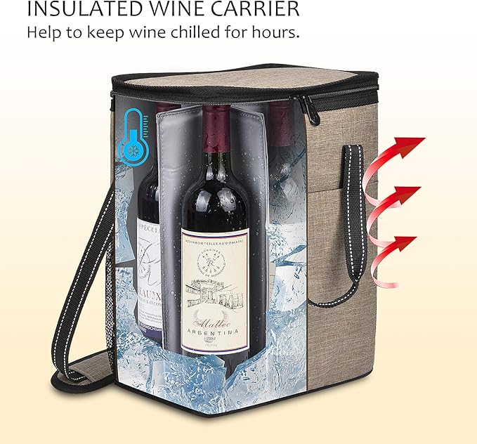 Tirrinia 6 Bottle Wine Gift carrier, Insulated Leakproof Padded Wine Cooler Carrying Tote Bag for Travel, Camping and Picnic, Perfect Wine Lover Gift, Beige
