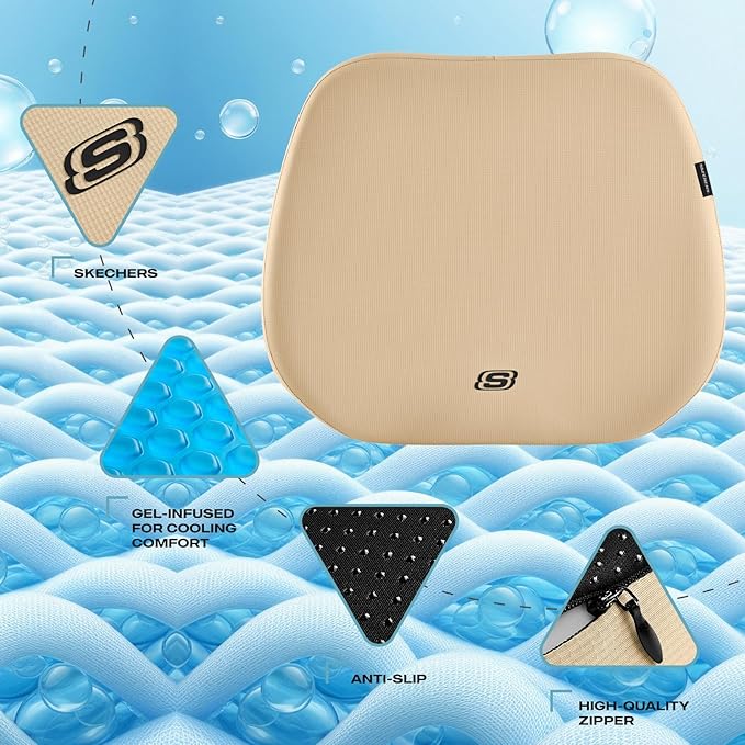 Skechers Seat Cushion Premium Gel & Memory Foam-Office Chair Cushion for Tailbone Pain Relief,Butt Pillow for Office Chair,Car seat Cushion,Long Sitting Office Workers,and Car Drivers,Beige