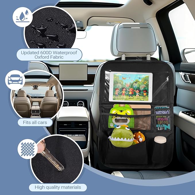 Back Seat Car Organizer with Tablet Holder, 6 Storage Pockets Car Storage Organizer with Foldable Food Tray, Car Seat Back Protectors Kids Car Kick Mats for Travel