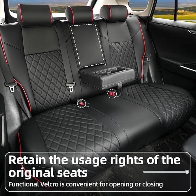 Lolcar Rav4 Seat Covers for Toyota RAV4 2019 2020 2021 2022 2023 2024 2025 LE,XLE,XLE Premium,Limited,Car Seat Cover for Trucks SUV,Leather Seat Cushion Full Set,Faux Leather (Black red Grid)
