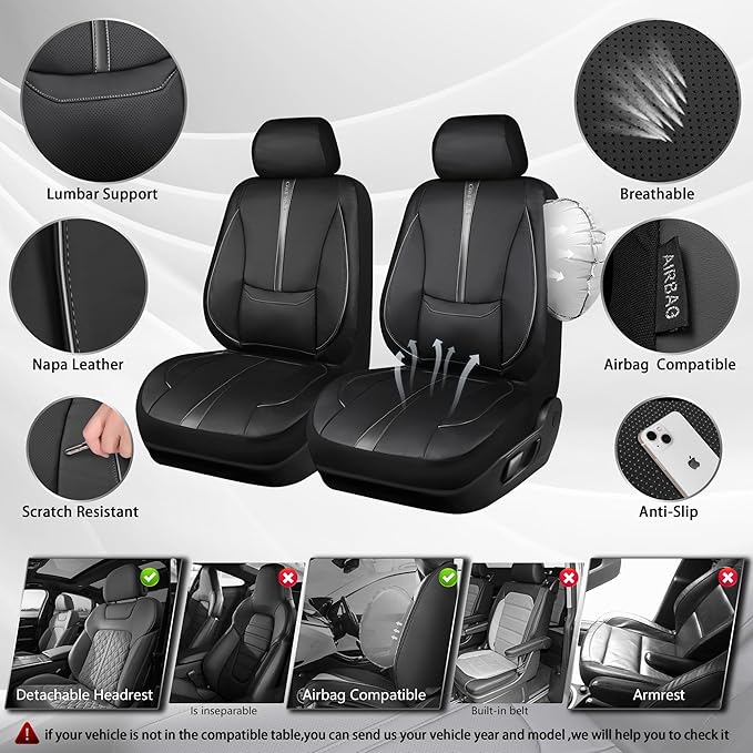 CAR PASS Nappa Leather Seat Covers Front, 3D Foam Support Water Resistant Faux PU Gray Leather Car Seat Covers 2 Pcs, Comfort & Universal Fit for Cars SUV Truck Most Vehicles (Black and Gray)