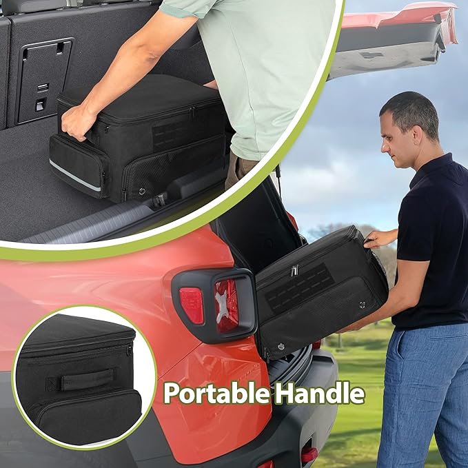 GOBUROS Golf Trunk Organizer Storage with Separate Compartment for 2 Pair Shoes Up to US Mens 16, Golf Car Locker Organizer for Balls, Tees, Clothes, Gloves, Accessories, Black