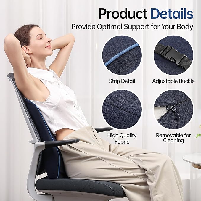 Lumbar Support Pillow for Office Chair, Back Support Pillow with Memory Foam, Relieves Back Pain, Removable Washable Cover & Adjustable Strap, for Car/Gaming Chair,Gift-Navy Blue