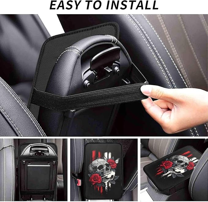 Universal Car Center Console Cushion Pad, Red Flower Skull Soft Waterproof Car Center Console Cover Auto Armrest Seat Box Cover Protector for Most Vehicle SUV Truck Car