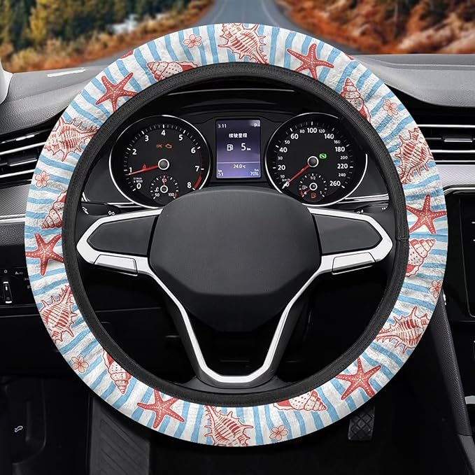 AFPANQZ Auto Steering Wheel Covers Comfort Anti-Slip Safety Stretch-on 14-15 inch, Starfish Shell Print Easy Fix Machine Washable Steering Wheel Protection