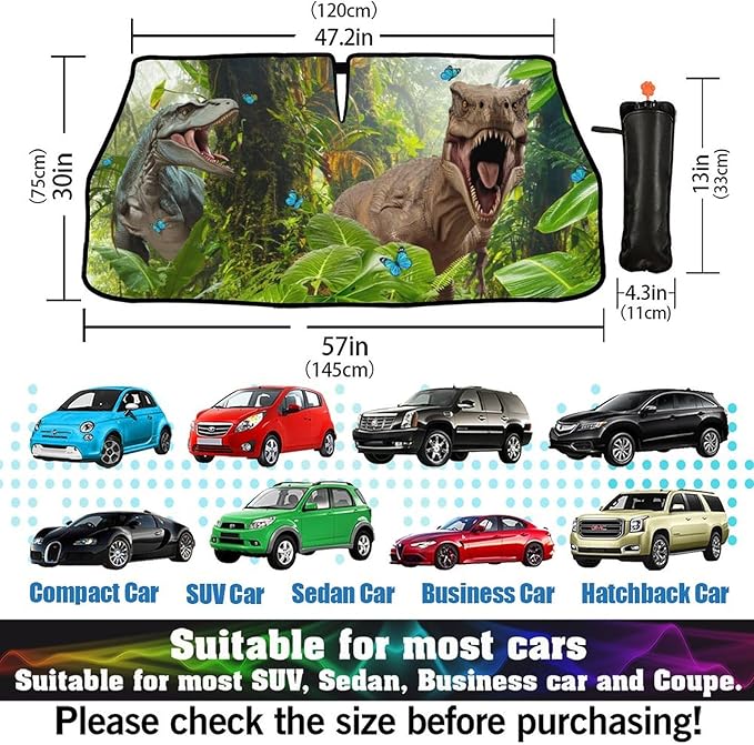 CHILL·TEK Funny Animal Car Windshield Sun Shade Umbrella, Cute Dinosaur Car Sun Shade Umbrellas, Block UV Rays Heat Foldable Windshield Umbrella Sun Visor Protector - Keep Vehicle Cool for Cars SUV