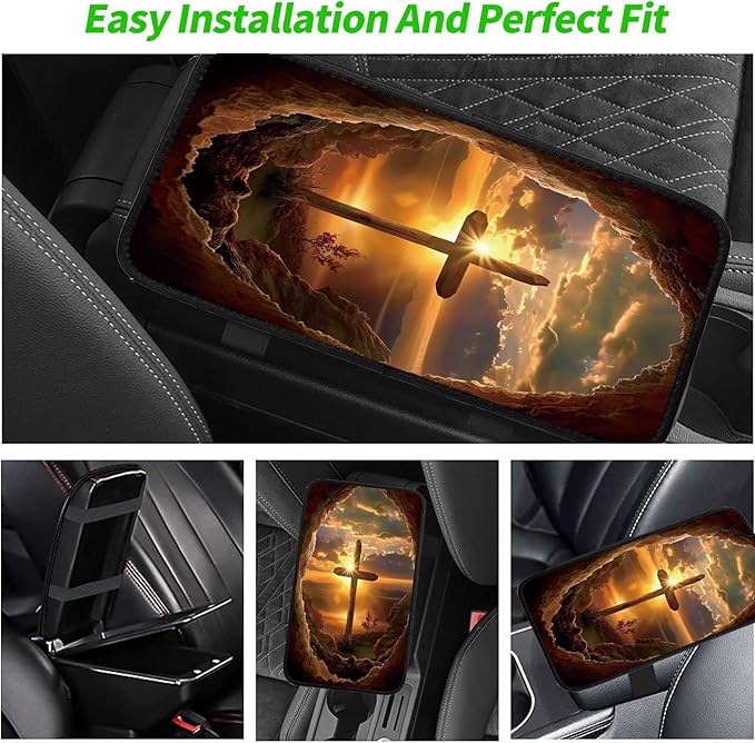 Car Armrest Cover Pads Universal Fashion Cute Auto Center Console Armrest Cover Pad with 2PCS Car Coasters Soft Waterproof Car Armrest Seat Protector for Women, Sunrise Cross