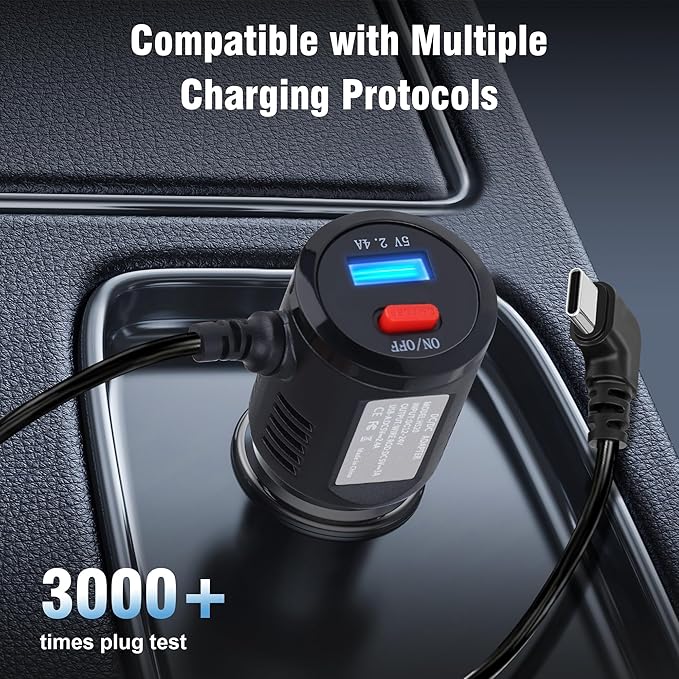 Dash Cam Charger USB C, Dual Port Dashcam Power Adapter with Switch Type C 90 Degree Angled Car Fast Charging Cord for REDTIGER/Vantrue/Garmin GPS Navigator Truck(11.5FT)