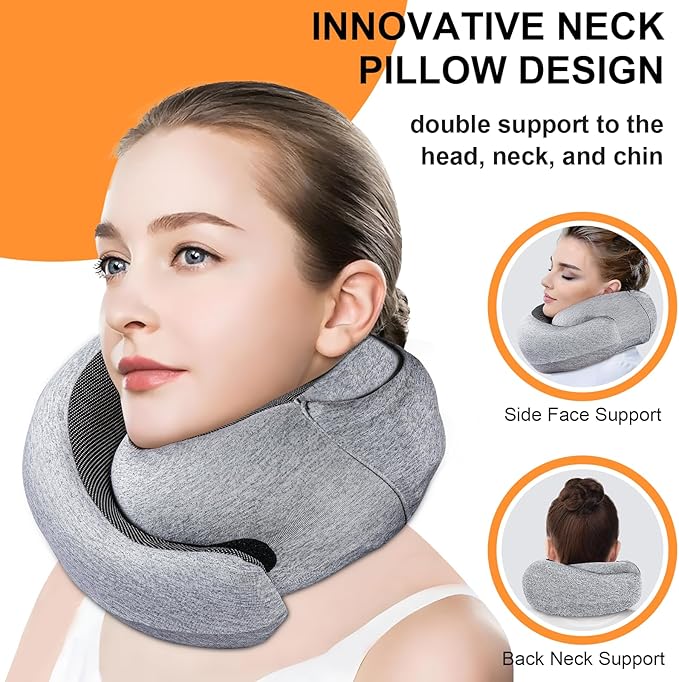 Travel Pillow - Hooded Neck Pillow Airplane Memory Foam Filling for Plane, Cars Sleeping, Road Trip, Long Flights, Airplane Travel Essentials, Includes Eye Mask & Earplugs (Light Gray)