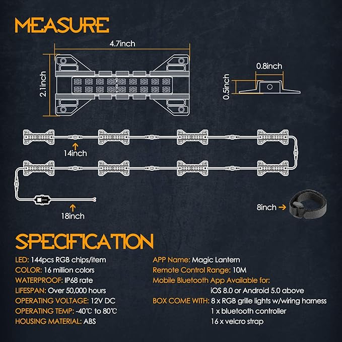 Nirider RGB LED Grille Light Kit Strobe Lights Underglow Rock Light Truck Lights for Tacoma 4Runner GMC Chevy Car SUV ATV UTV Grille Accessories - 8 Pods
