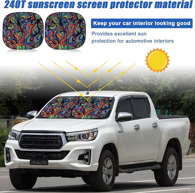 Moukeren 2 PCS Windshield Sun Shade for Car Foldable Window Covers for Car Accessories Reflect UV Sun Heat Protector for Universal Cars SUV Truck RV (Abstract, 31.75 x 28.75 Inch)