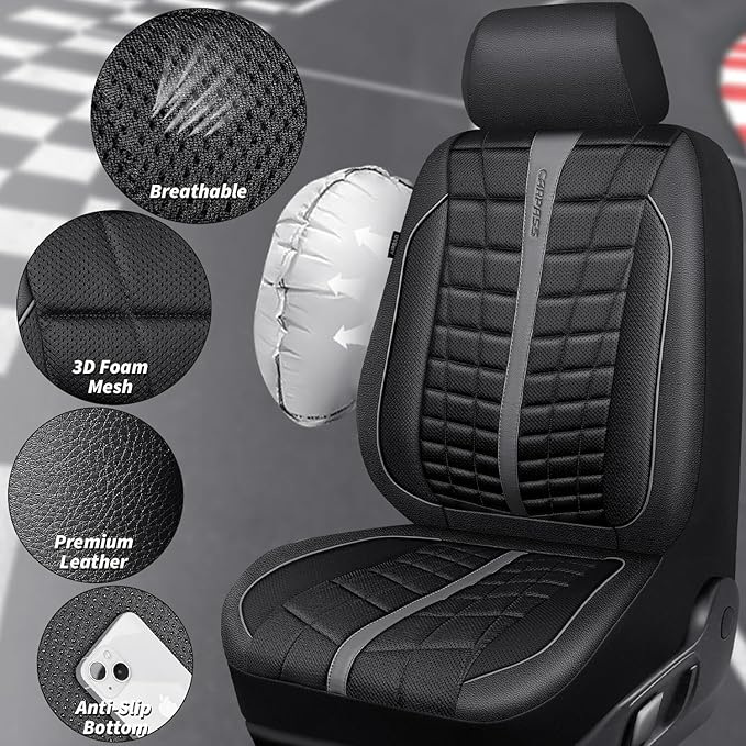 CAR PASS 3D Foam Mesh Leather Car Seat Covers Full Set, Breathable Premium Leather Seat Covers for Car,Anti Slip Universal Fit for Trucks Cars Sedans Vans SUVs, Airbag Compatible, Black Gray
